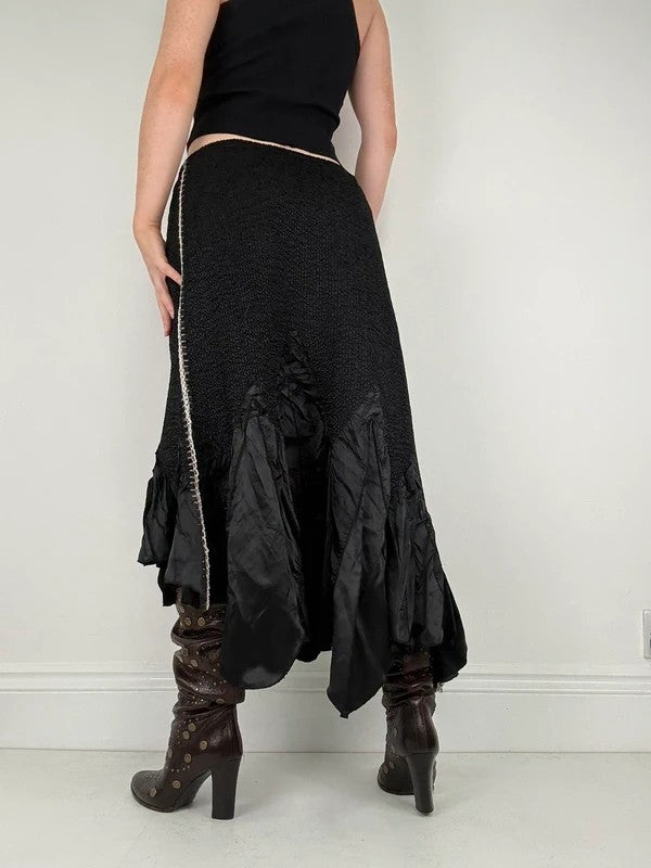 Black crinkle pleated cinched ruffle maxi skirt