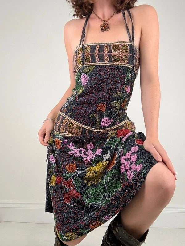 beaded hippy boho floral embellished midi dress
