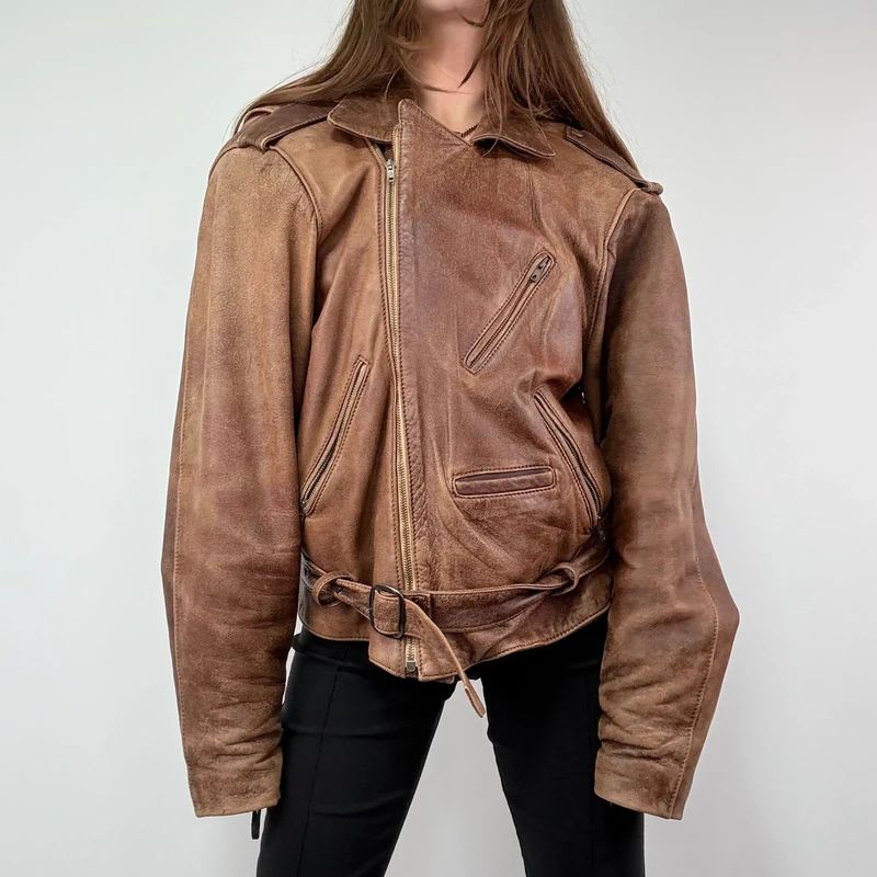 Oversized Brown leather Slouchy Biker Jacket