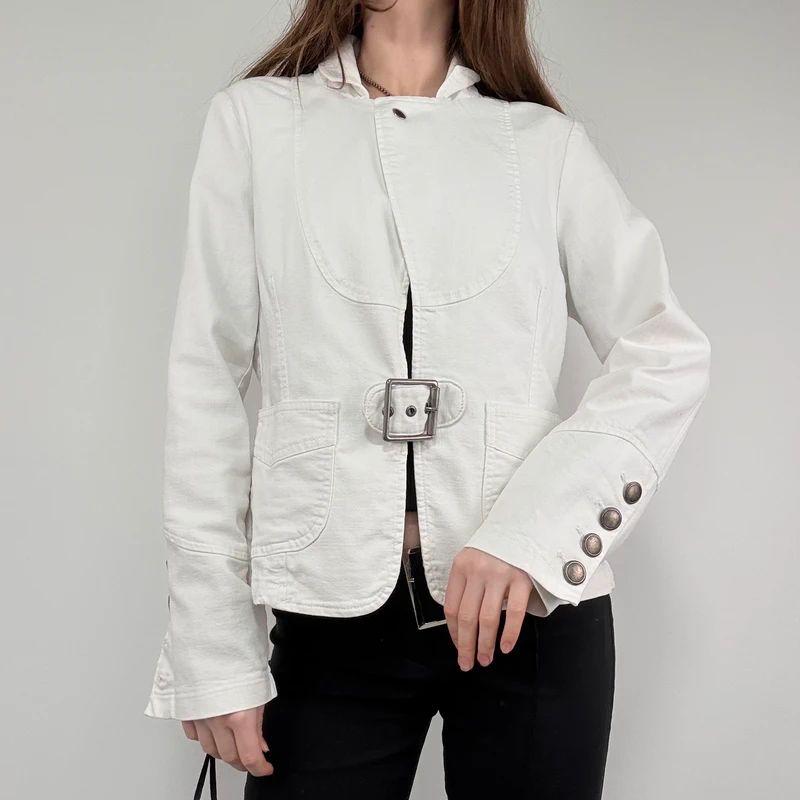 white buckle belted military jacket