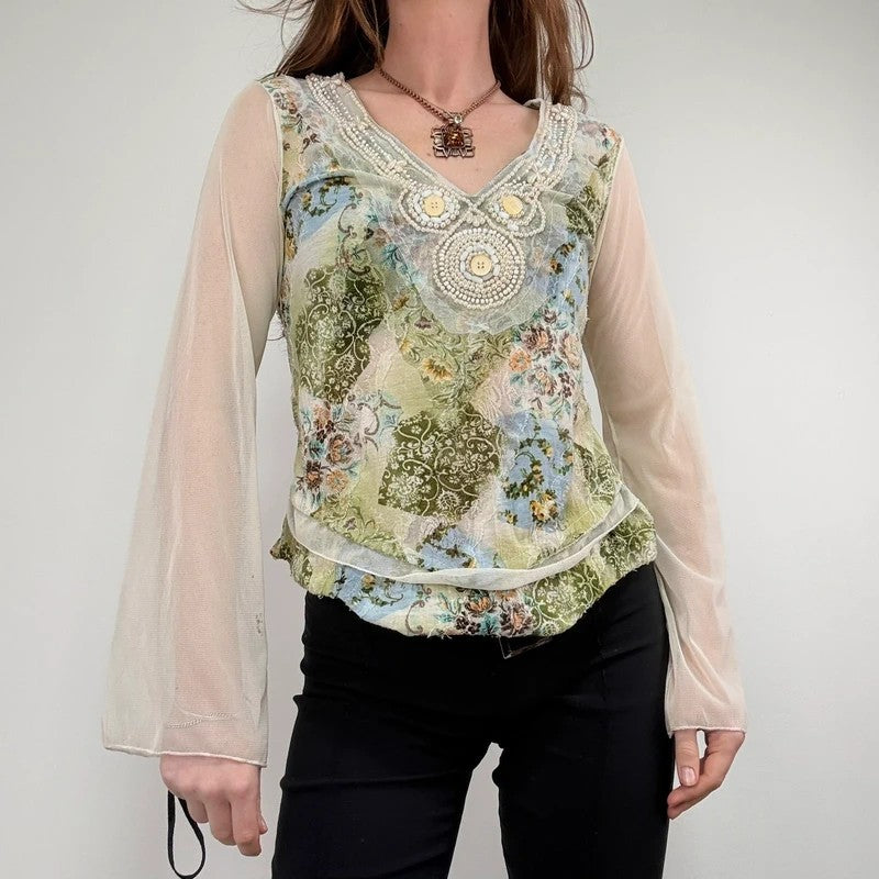 Mesh boho flare paisley print blouse t-shirt