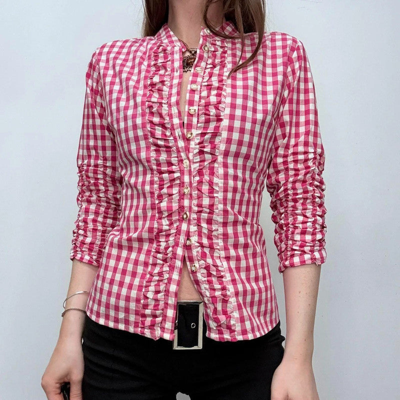 pink tartan ruffle ruched shirt