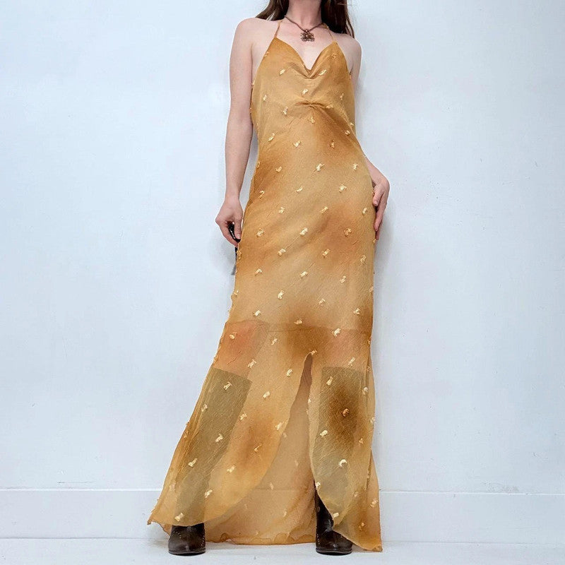 sheer gold bias cut maxi dress