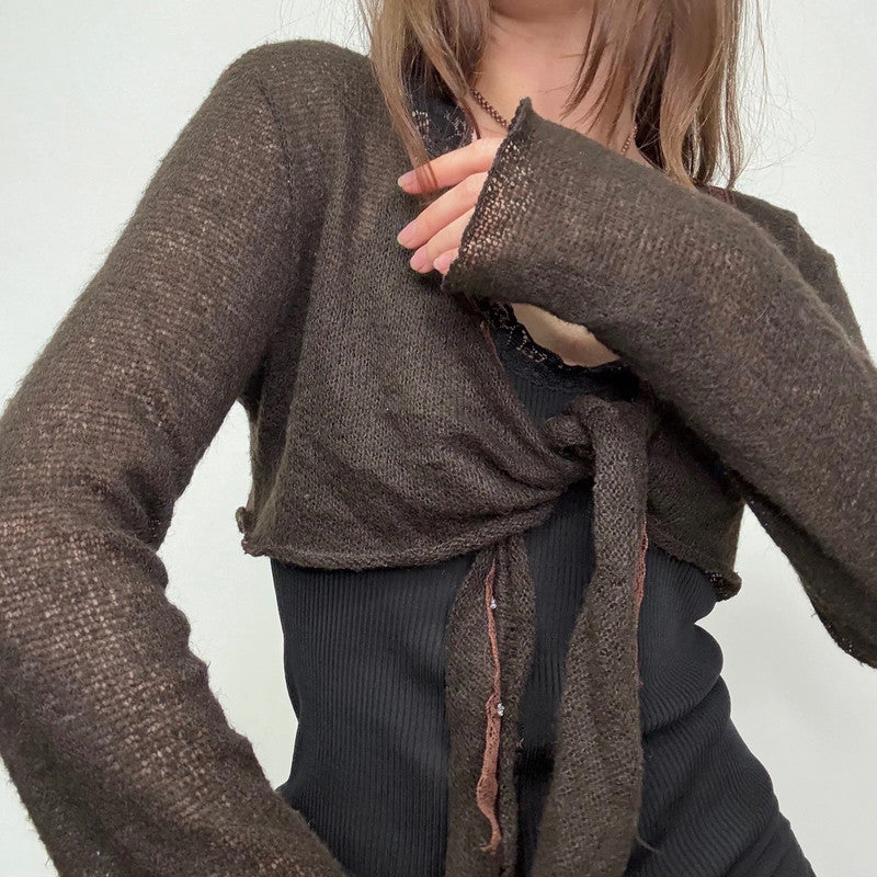 brown mohair knit cropped cardigan