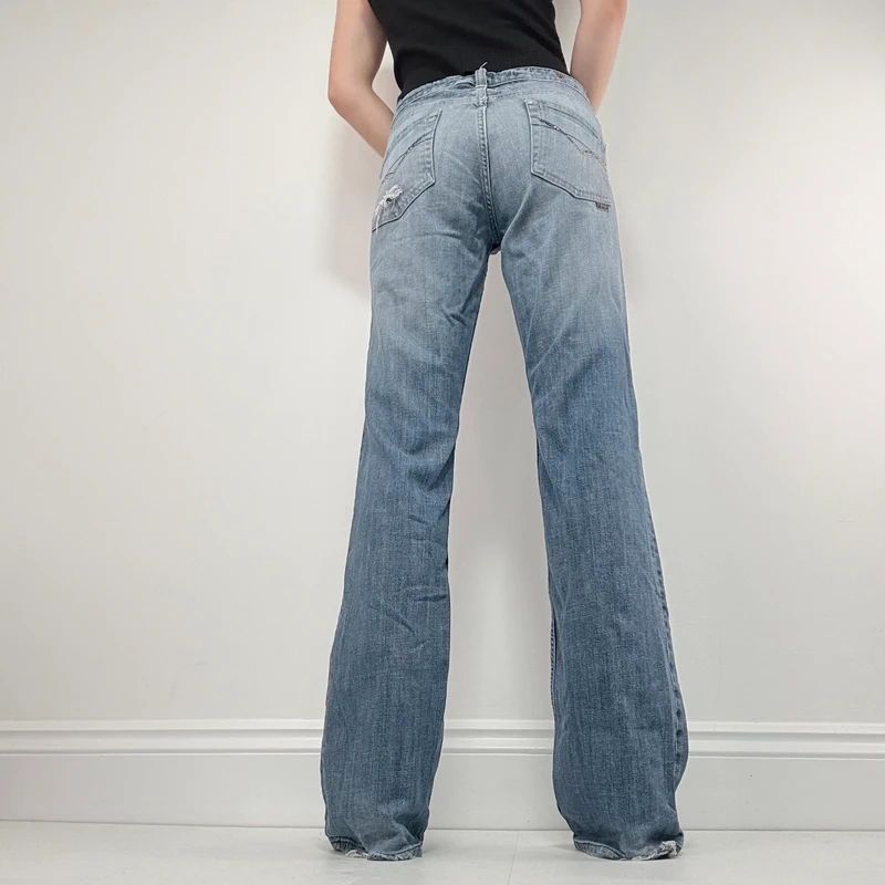 distressed flared leg low rise jeans