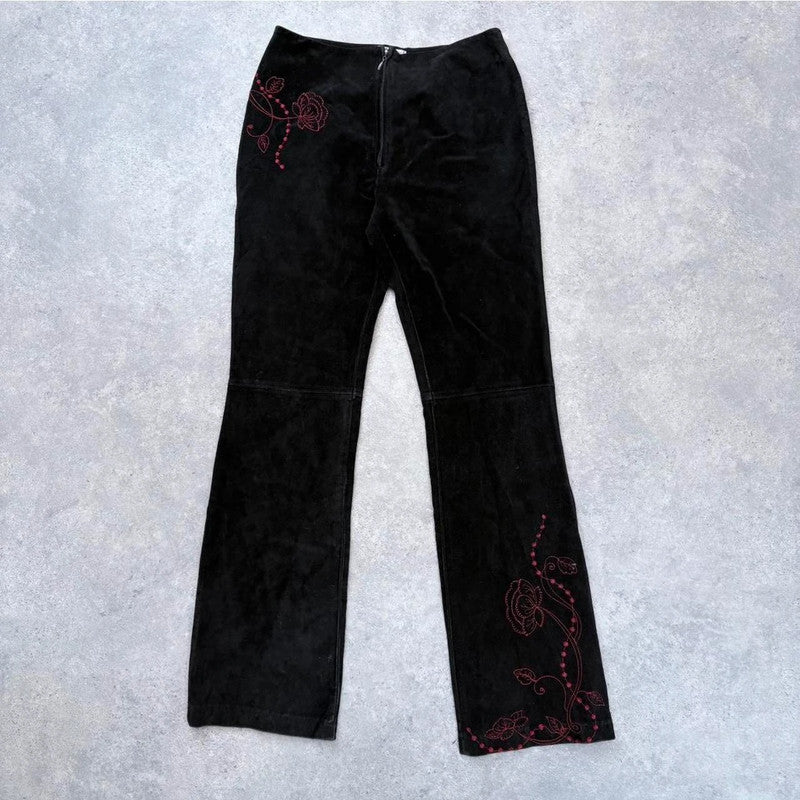 black suede embroidered trousers
