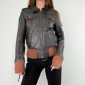 brown leather cinched ribbed waistband jacket