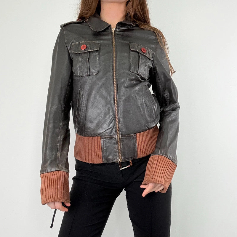 brown leather cinched ribbed waistband jacket