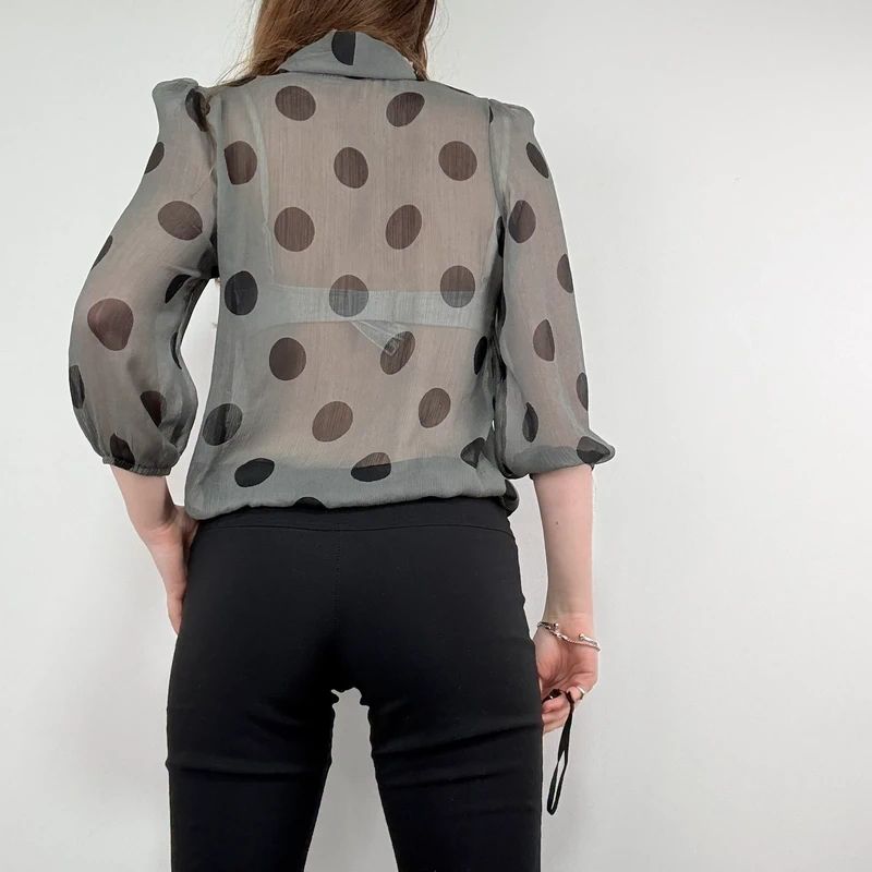 grey polkadot bow blouse