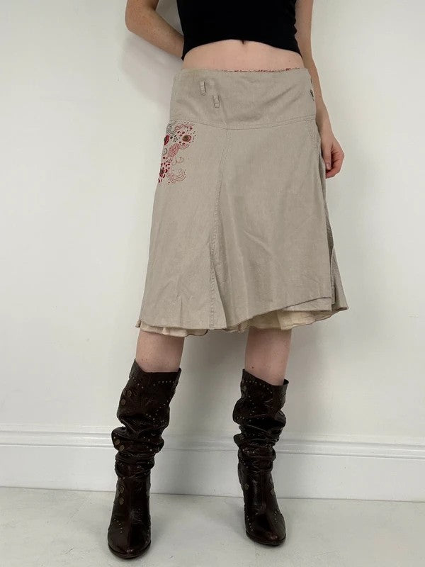 beige linen flared layered midi skirt
