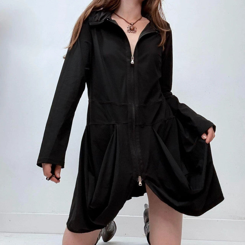 black draped long sleeve zip-up dress