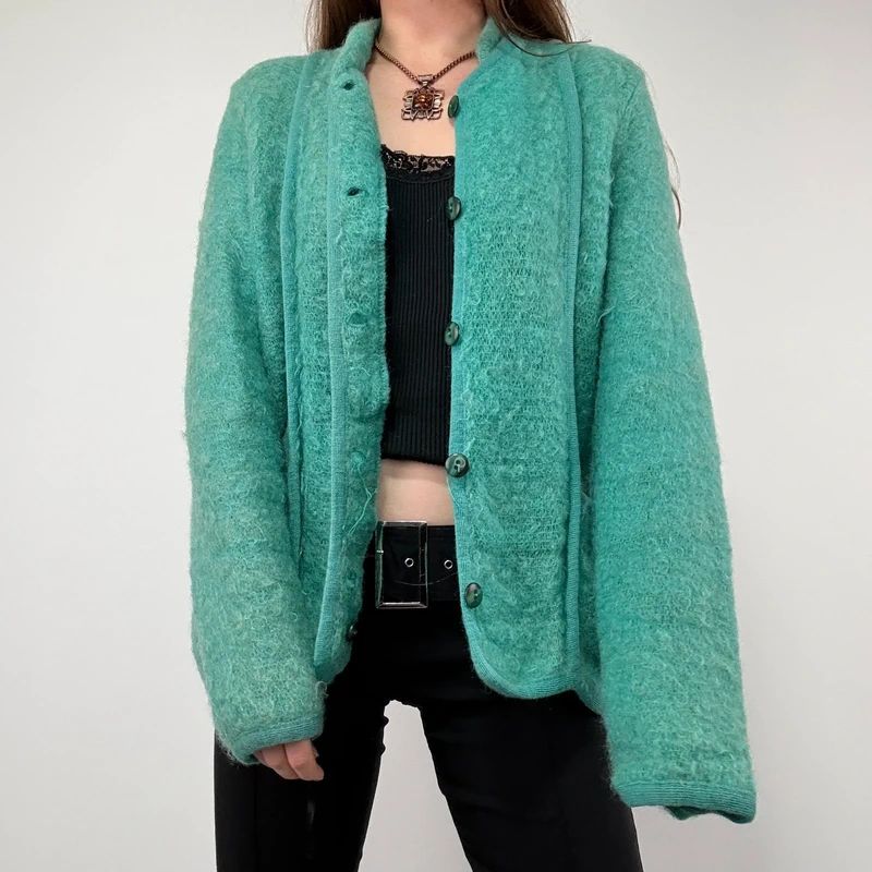 Green Mohair panelled Slouchy Cardigan knit