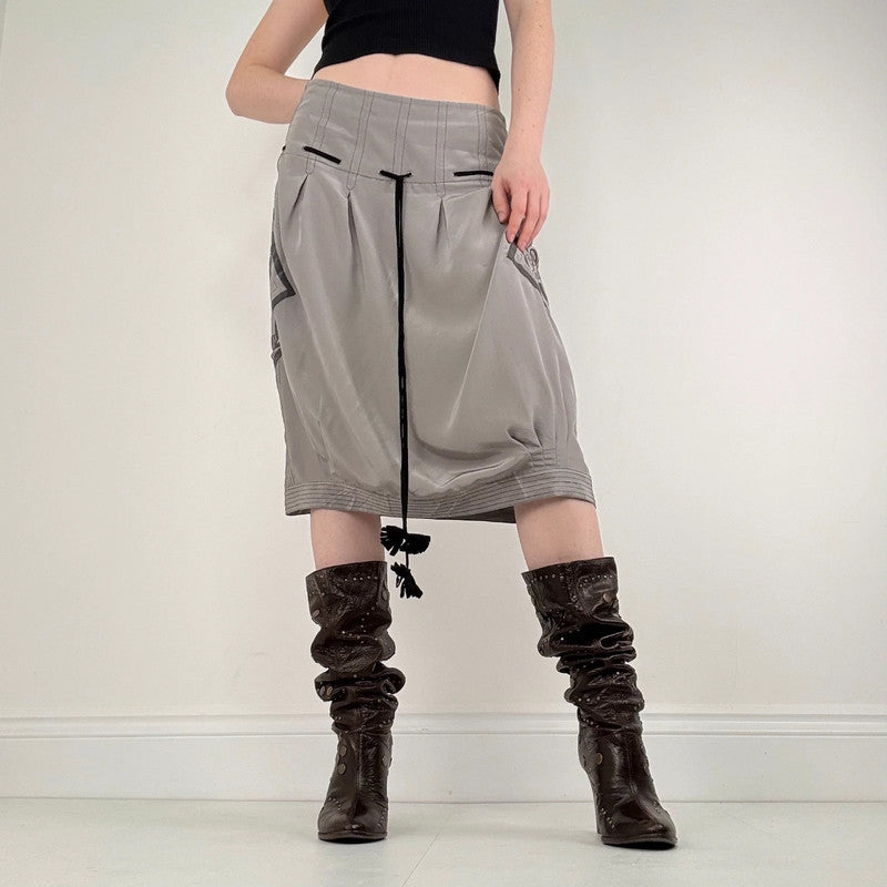 grey pleated puff graphic midi skirt