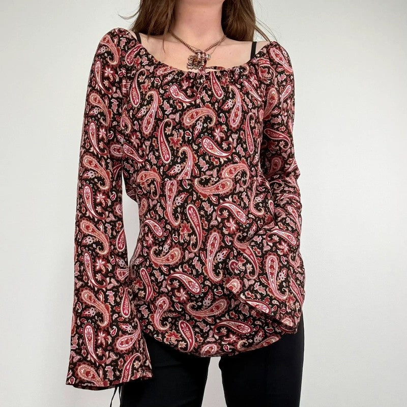paisley flared wide neck blouse