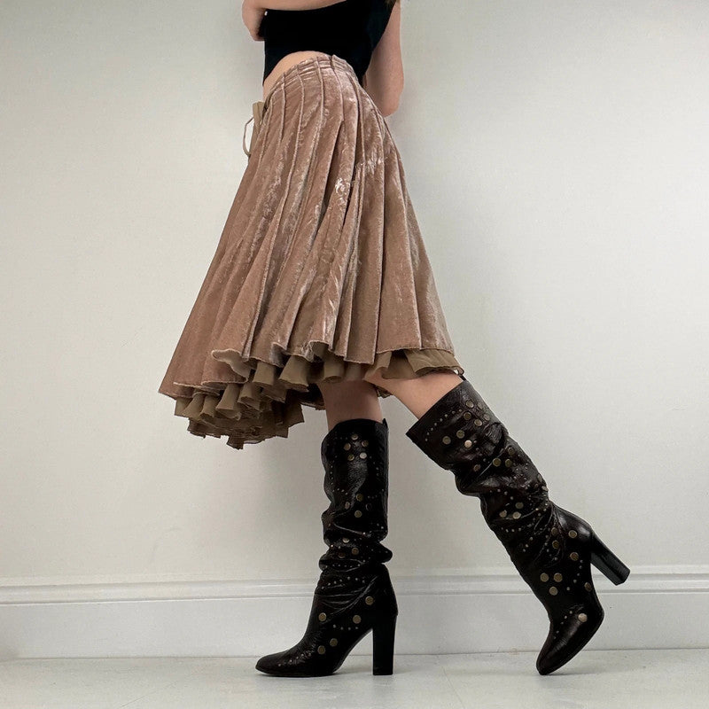 Brown pleated flared layered midi skirt