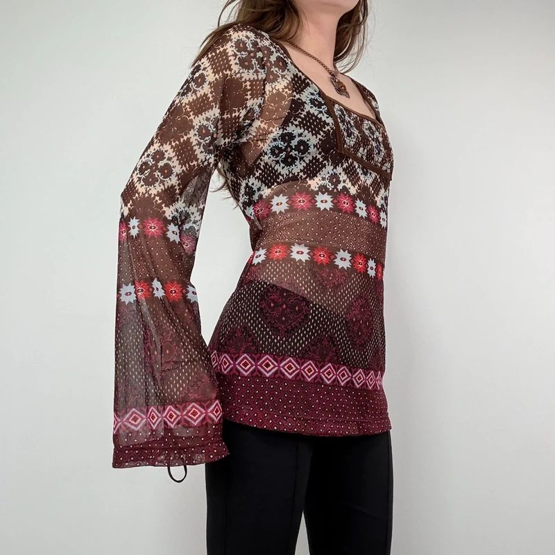graphic printed boho western flared mesh shirt