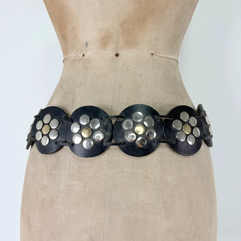 Black leather studded circle belt