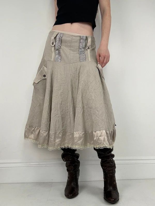 Khaki flared ruffle drop waist midi skirt