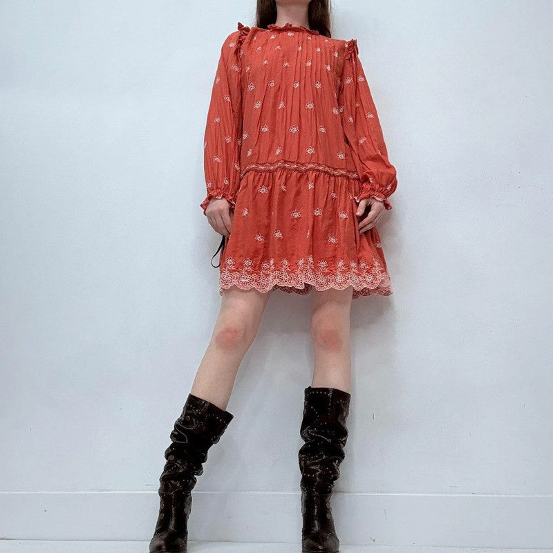 orange boho embroidered puff boho dress