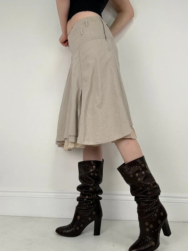 beige linen flared layered midi skirt