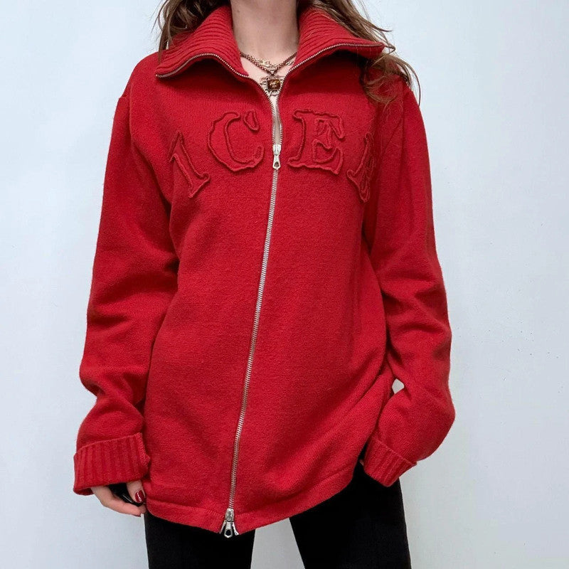 red slouchy zip-up wool jumper