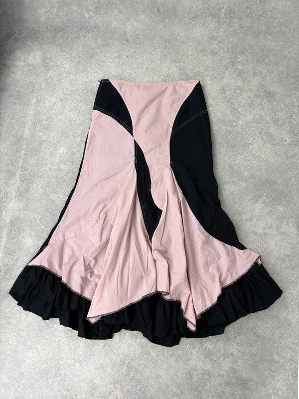 pink and navy gathered asymmetric flared maxi skirt