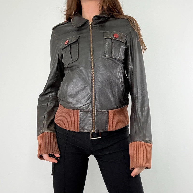 brown leather cinched ribbed waistband jacket