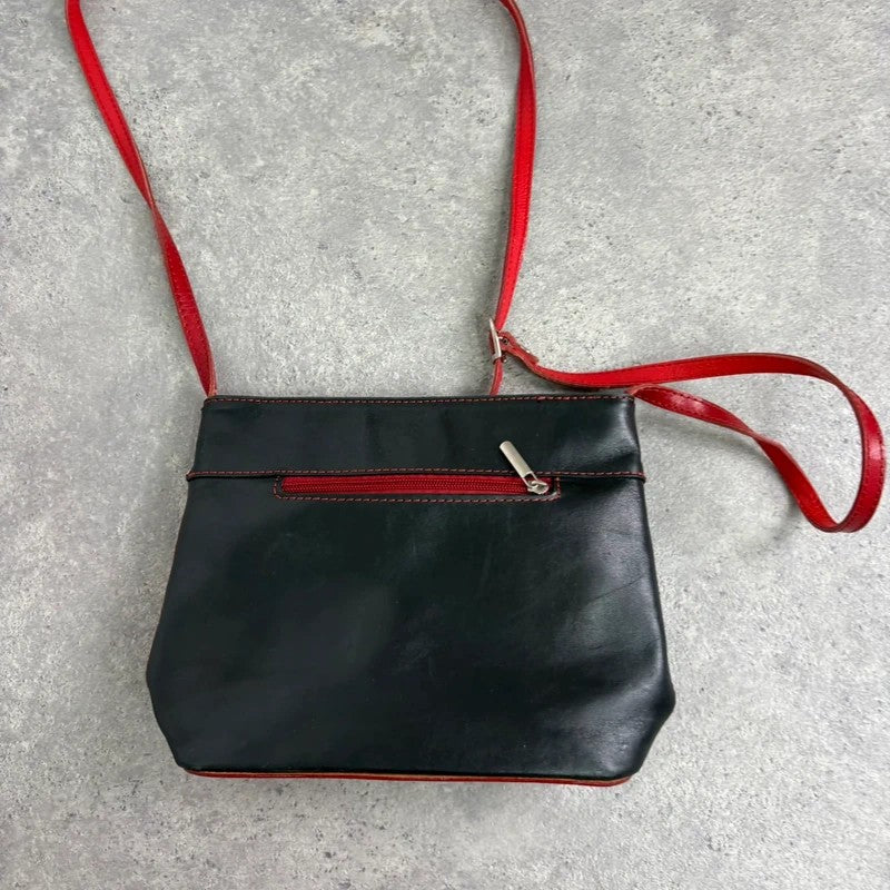 Black and red leather patient mini messenger bag