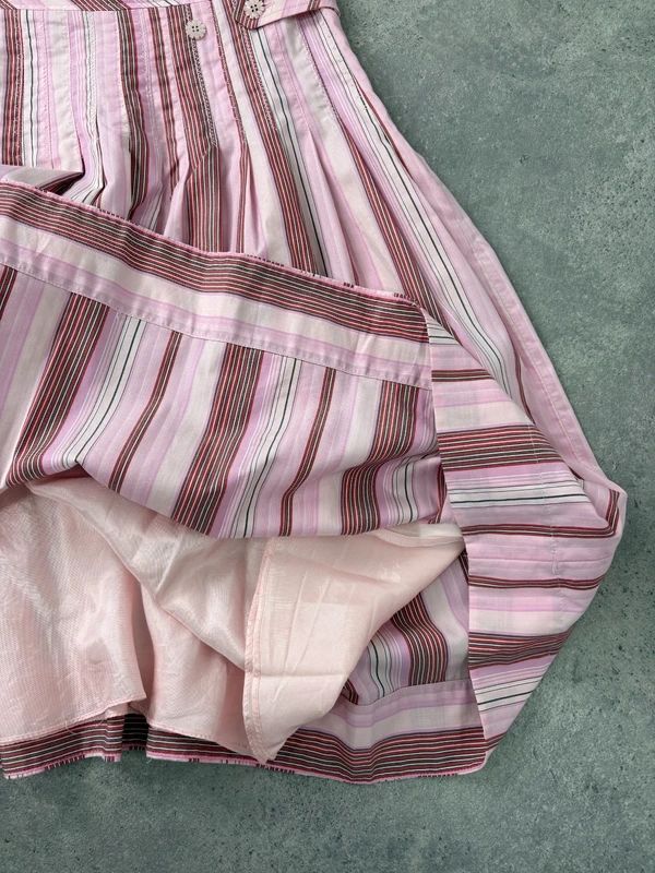 pink cotton pleated pinstripe flared midi skirt