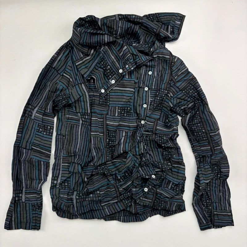 Asymmetric fold over draped checked pinstripe Shirt