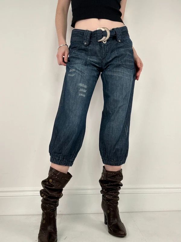 cropped denim puff capri pants
