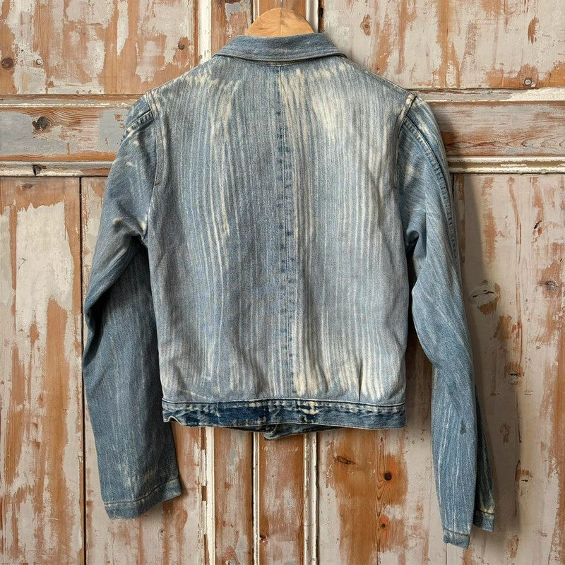 distressed patched denim jacket