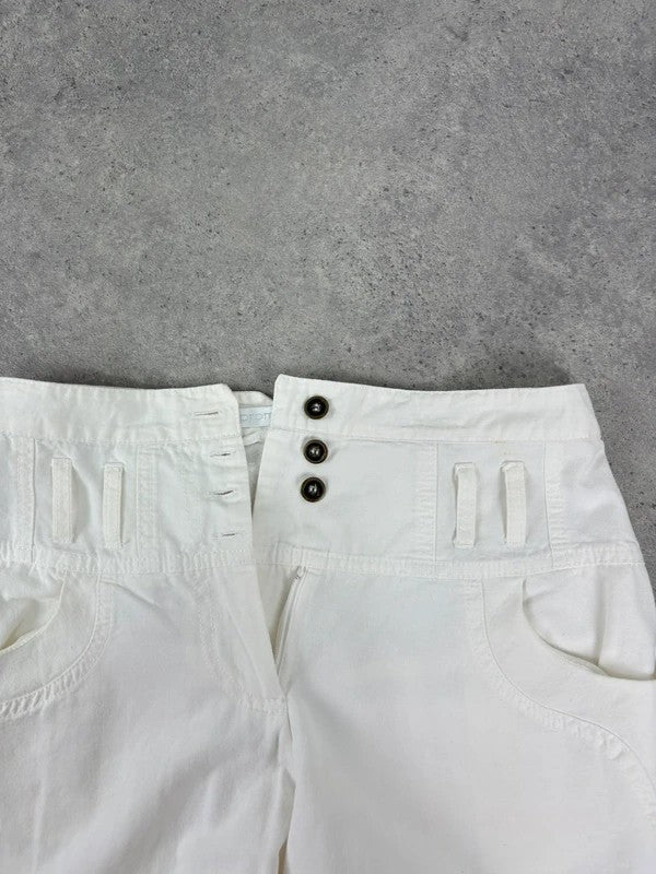 white flared wide leg button front cotton trousers