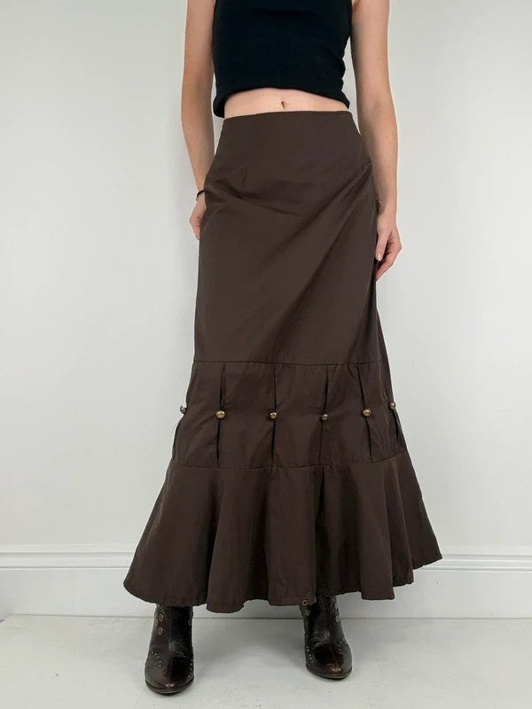 brown flared studded pleated maxi skirt