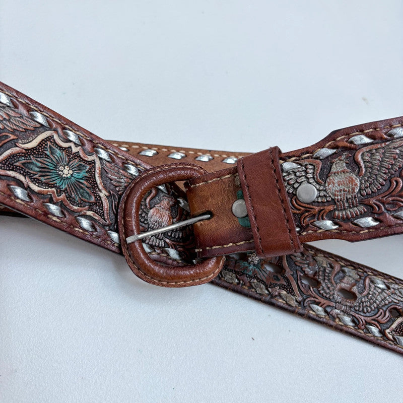 Western engraved brown leather boho belt