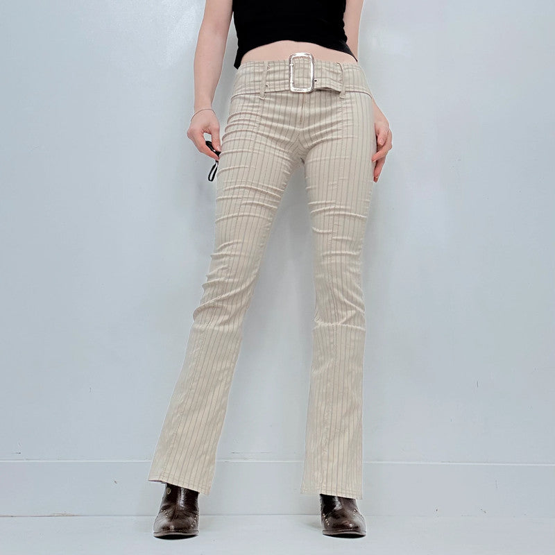 tan pinstripe buckle flared trousers