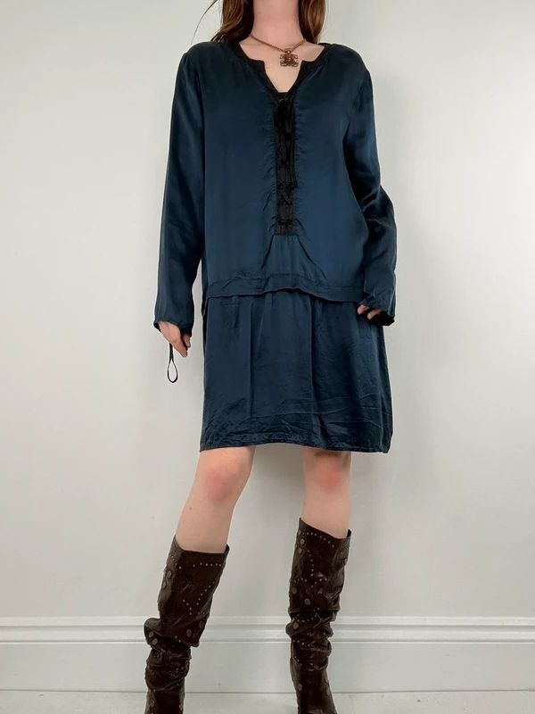 navy silk drop waist long sleeve shirt dress