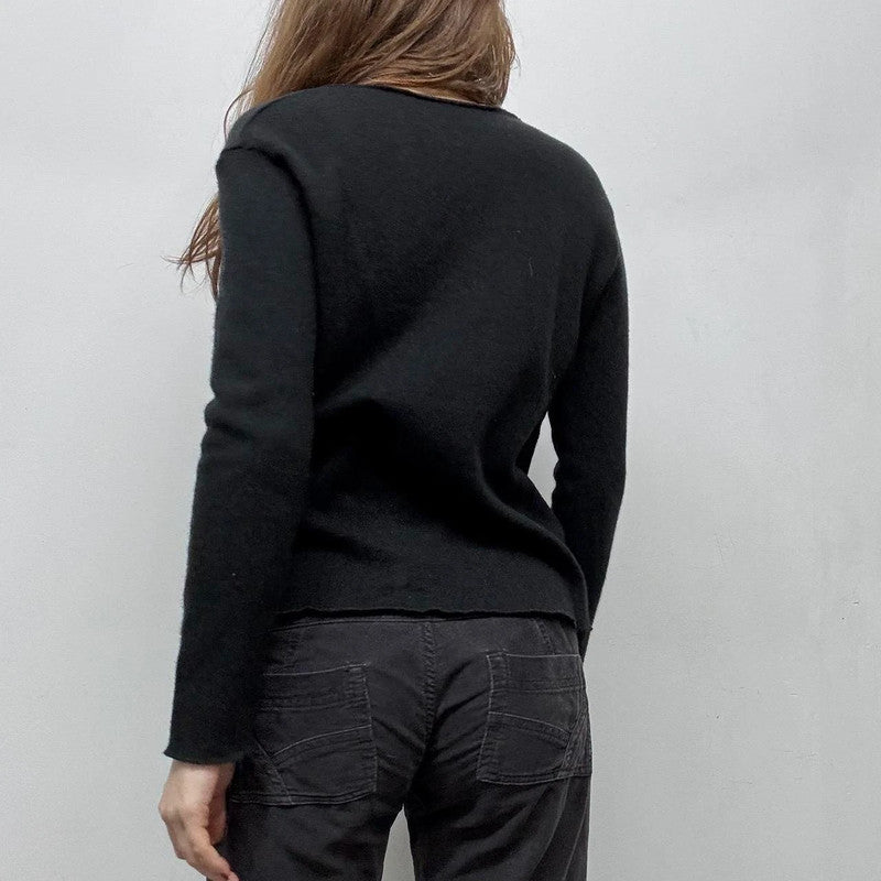 black wool knit fitted tassel jumper