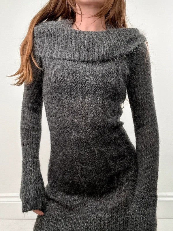 grey mohair knit slouchy off the shoulder dress