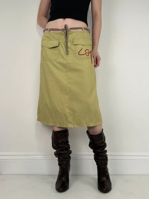 green pinstripe Cop Copine midi cargo skirt