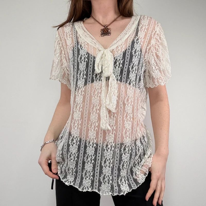sheer cream lace floral mesh bow top