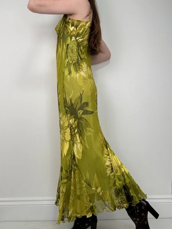 green floral watercolour silk bias cut maxi dress