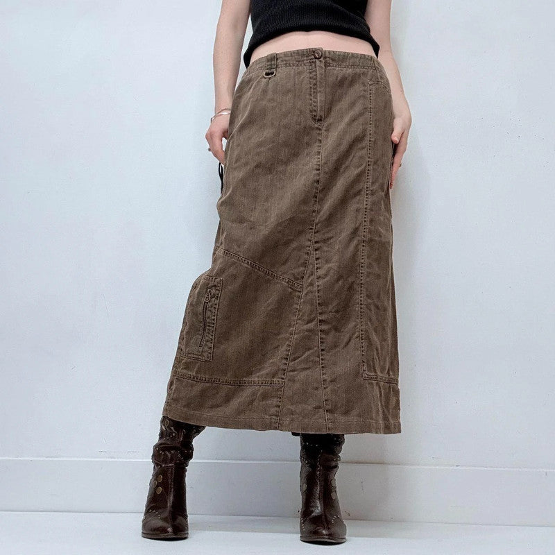 khaki brown pinstripe a-line maxi skirt