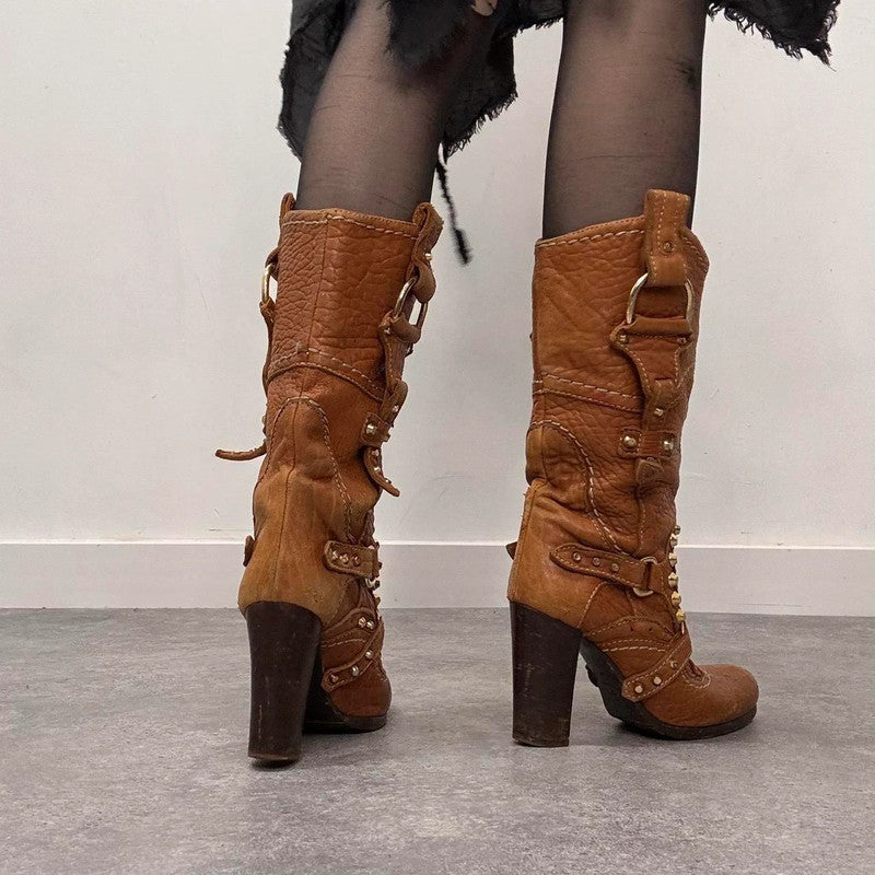 tan leather studded heeled boots