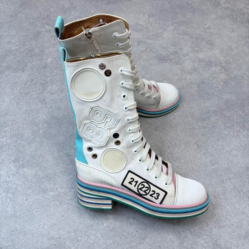 chunky patched cream lace-up margelia boots