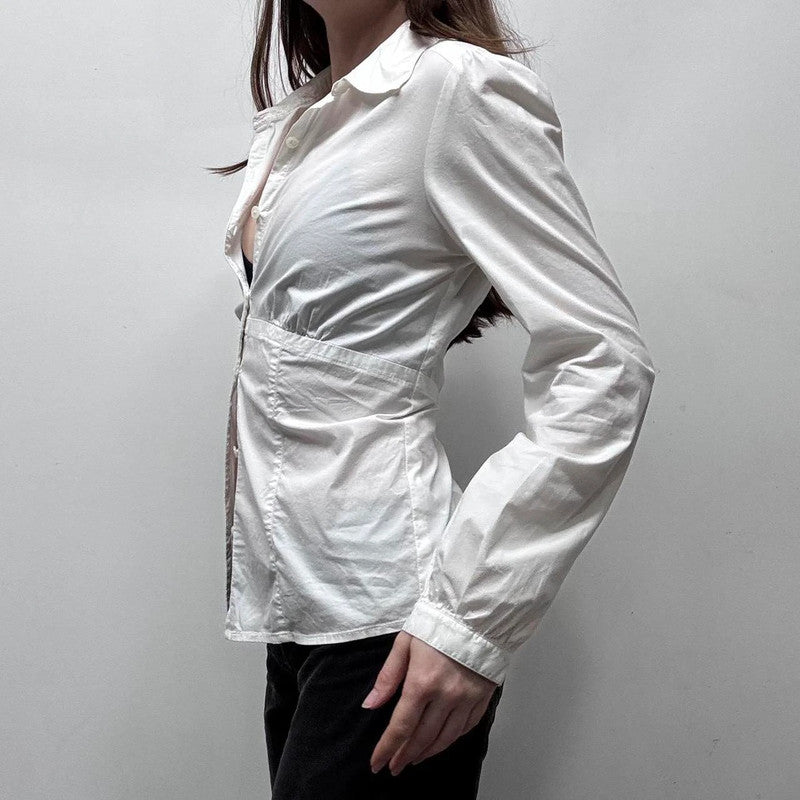 white puff sleeve button up shirt