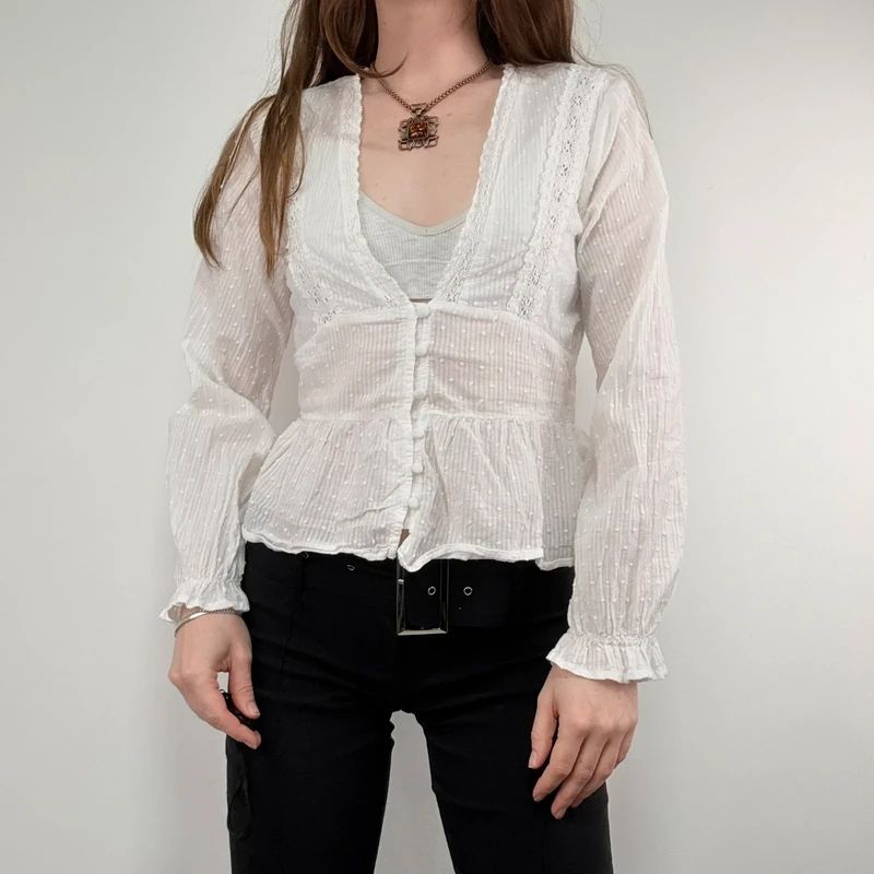 white cotton flared embroidered lace blouse