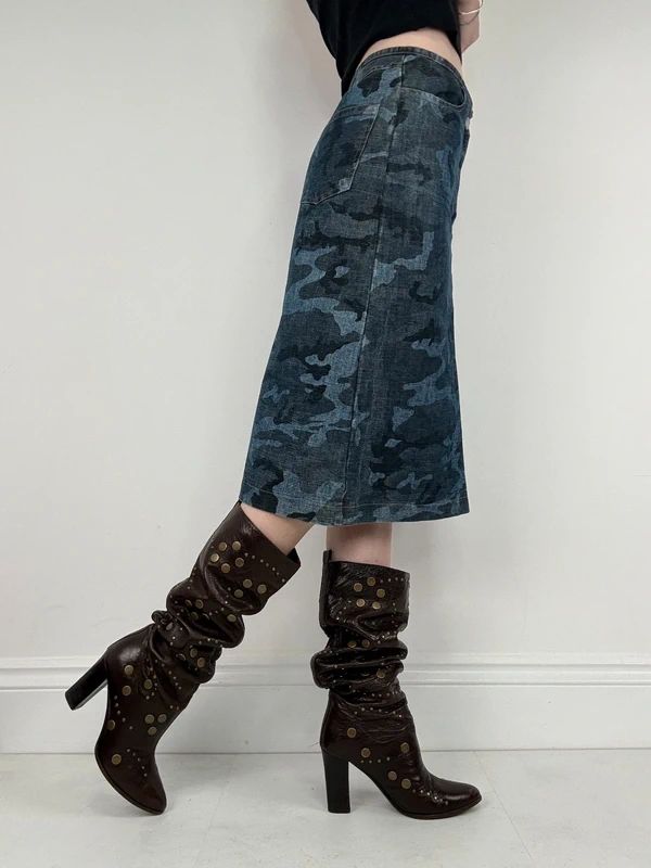 dark denim camo printed midi skirt