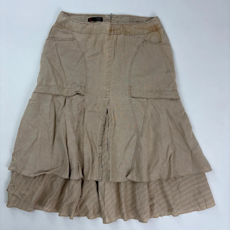 tan linen layered pinstripe midi skirt