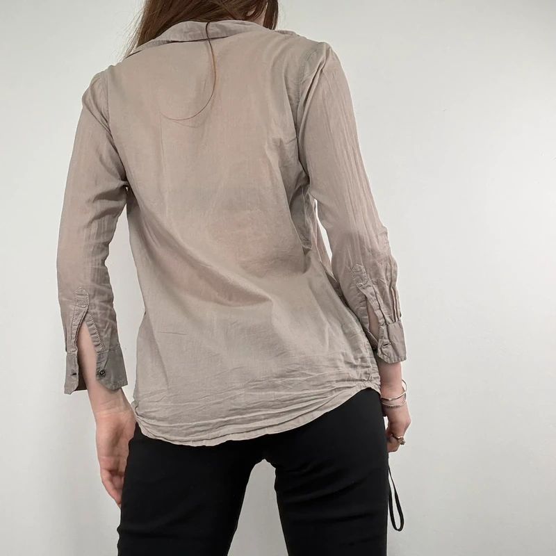 brown pleated flared patchwork button shirt